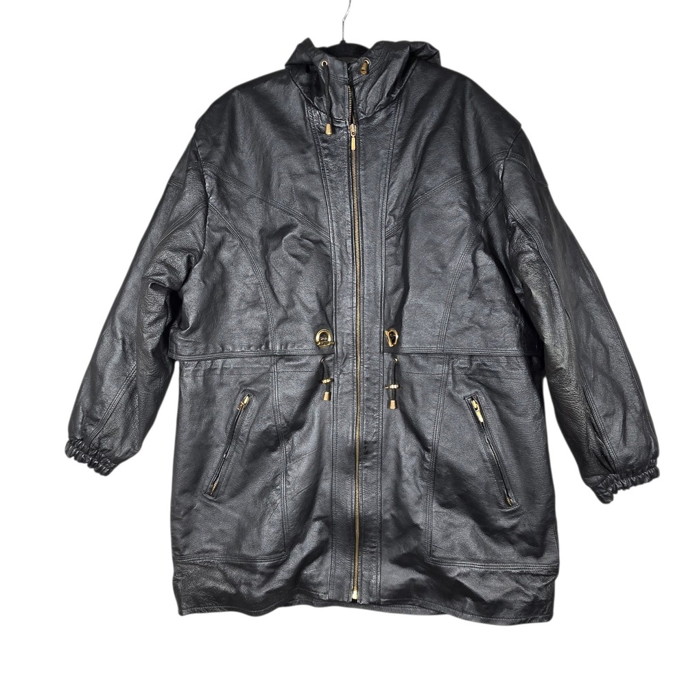 G-III Leather Parka Jacket Womens L Black Hooded Drawstring Waist Longline Coat
